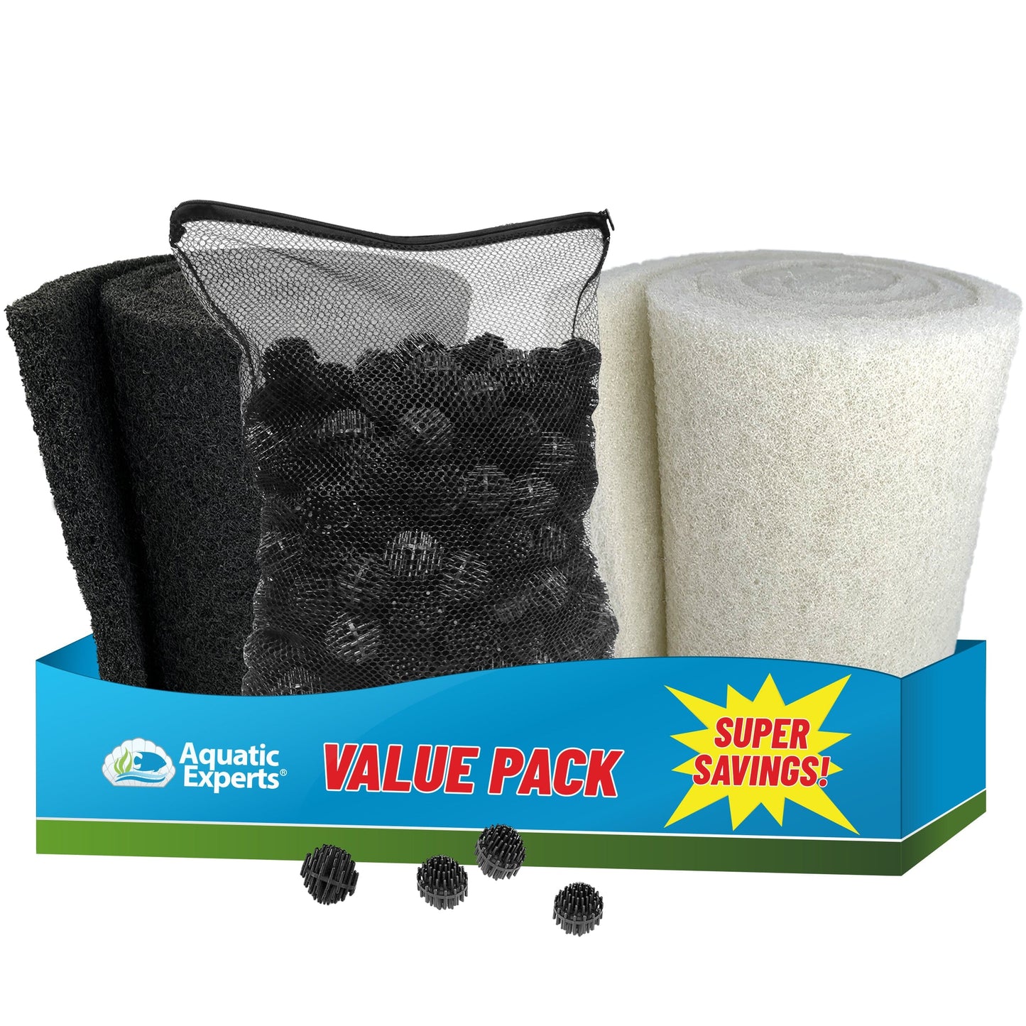 Pond Bundle - White Fine Filter Pad 12" x 72", Black Coarse FIlter Pad 12" x 72", 300 Count BioBalls with Mesh Bag coral frag – live coral frag | Gem State Corals