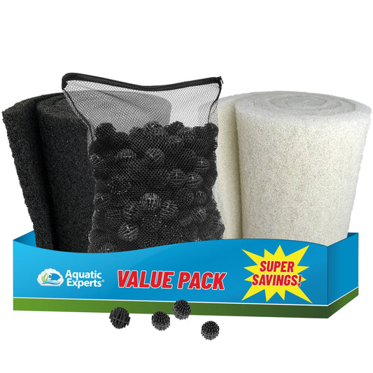 Pond Bundle - White Fine Filter Pad 12" x 72", Black Coarse FIlter Pad 12" x 72", 300 Count BioBalls with Mesh Bag coral frag – live coral frag | Gem State Corals